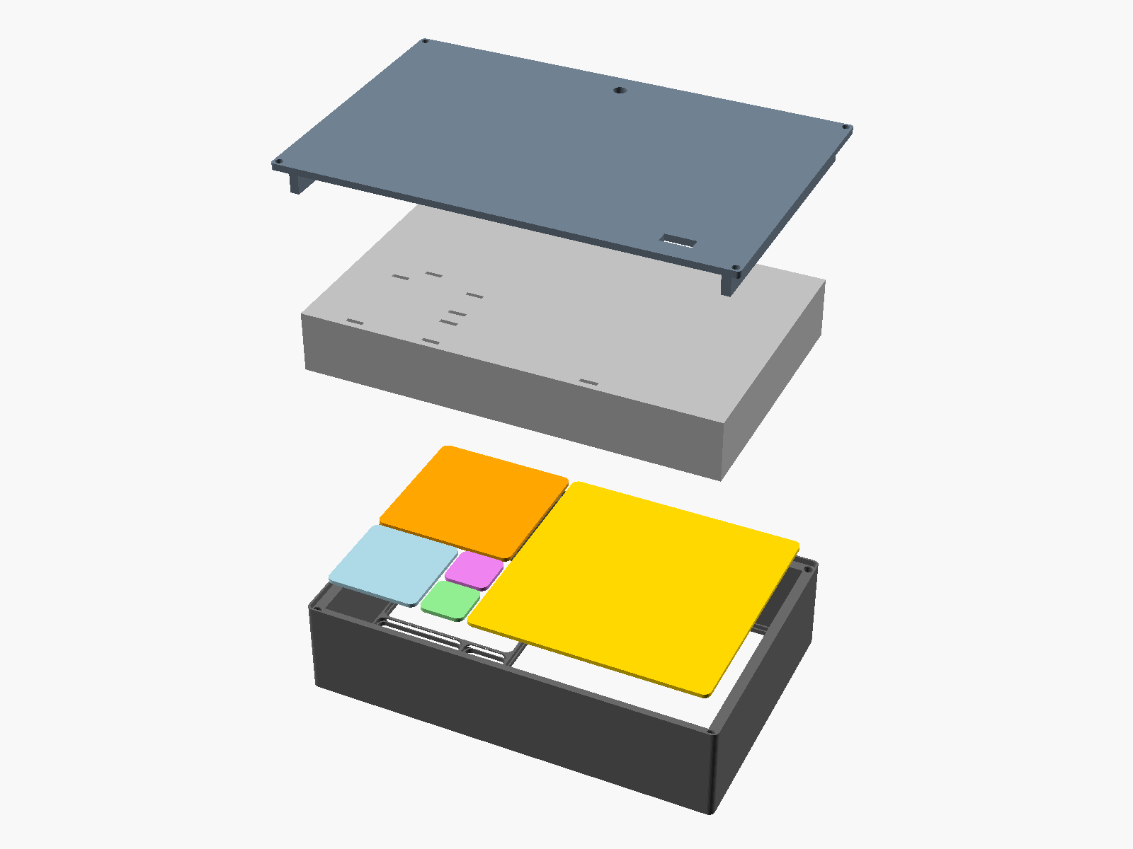 Exploded view of the Fibonacci Light Box V15 showing frame, plates, cassette and backing plate
